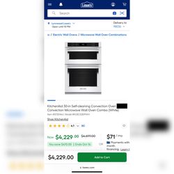 BRAND NEW OPEN BOX 30” MATTE WHITE WALL OVEN COMBO  KitchenAid 30-in Self-cleaning Convection Oven Convection Microwave Wall Oven Combo (White) Retail