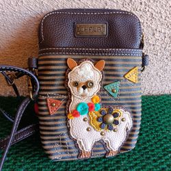 Chala Cell Phone Purse Crossbody Pleather Convertible LLAMA Olive Stripes EXCELLENT CONDITION! 7.5 in x 5.5 in.