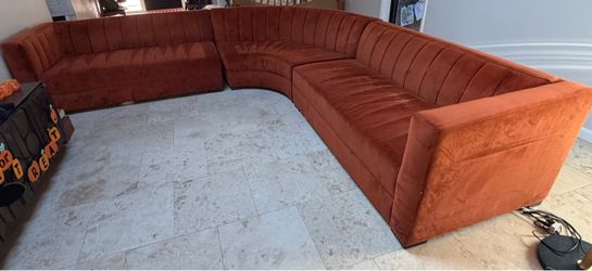 Large Orange Rust Velvet Sectional Sofa