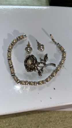 Lot Of Silver & Faux Pearl Jewelry - Avon CZ Bracelet,Flower Pin, Stud Earrings