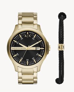 Armani Exchange Three-Hand Gold-Tone Stainless Steel Watch and Bracelet Gift Set