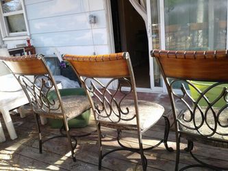 Wrought Iron and Oak Dining Table and Chairs