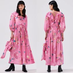 Hayley Menzies Charming Birds pink V-neck frill silk maxi dress size S small NWT