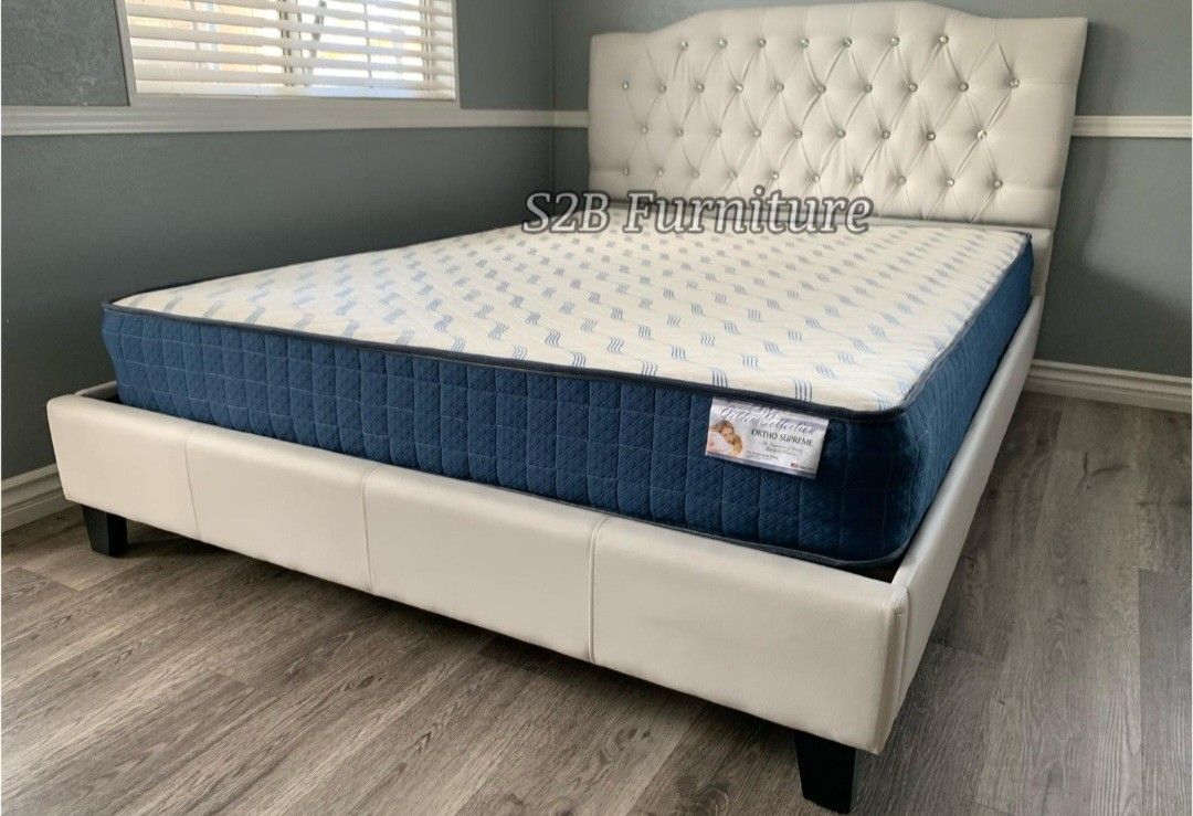 Full White Crystal Button Bed 