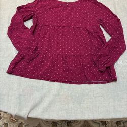 Lands' End Girls' Size 14/16 Long Sleeve Tiered Top Magenta W/Pink Polka Dots