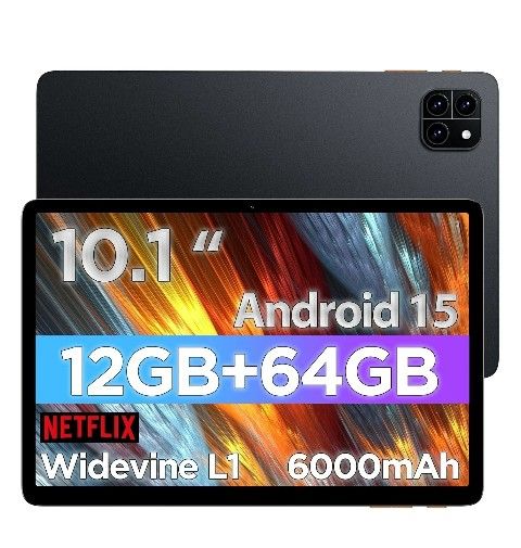 Android Tablet 10 Inch with Android 15 System,12GB RAM 64GB ROM (Up to 2TB), 800×1280 Resolution, WiFi 6 & Bluetooth, Dual Speakers, 5MP+8MP, 6000mAh 