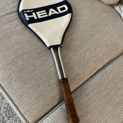 Vintage 1970s AMF Head Master blue and silver aluminum tennis racket with cover