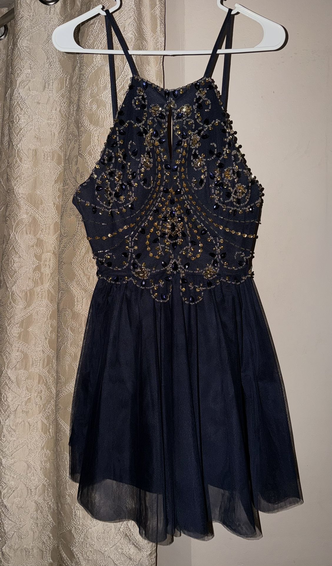 Blondie Nites Beaded Navy Blue Halter Dress