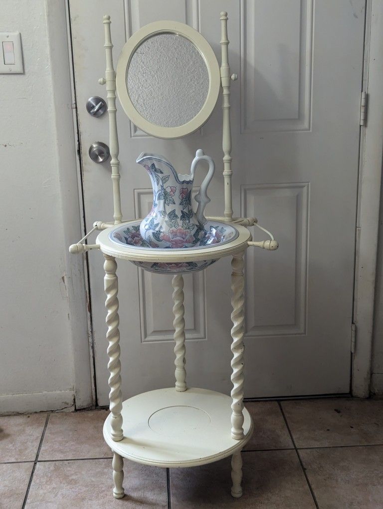 Antique Wash Basin Stand With Pitcher Bowl And Mirror