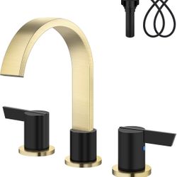 Aolemi Bathroom Faucets 3 Hole,8 Inch Widespread Waterfall Bathroom Sink Faucet,2 Handles Vanity Faucet with Pop-up Drain and Supply Hose,Brushed Gold