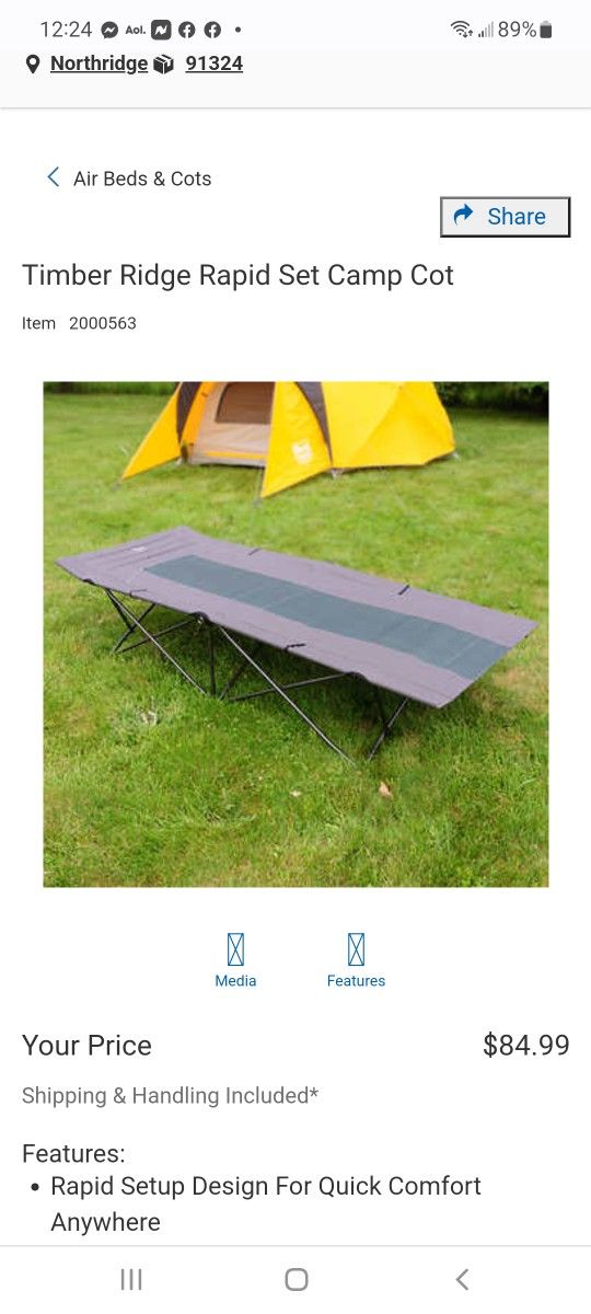 Timber Ridge Rapid Set Camp Cot $70