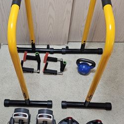 Home Workout Set (Dip Bars, Compact Pull Up Bars, Push Up Bars, Adjustable Dumbbells, Kettlebell)