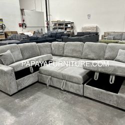 New! 120”L Grey Sectional Sofa Bed,Sectionals, Sofa, Couch, Corduroy Sectional Sofa With Storage, Sleeper Sofa. Sofabed, Sofa Bed,U Shaped Sectionals