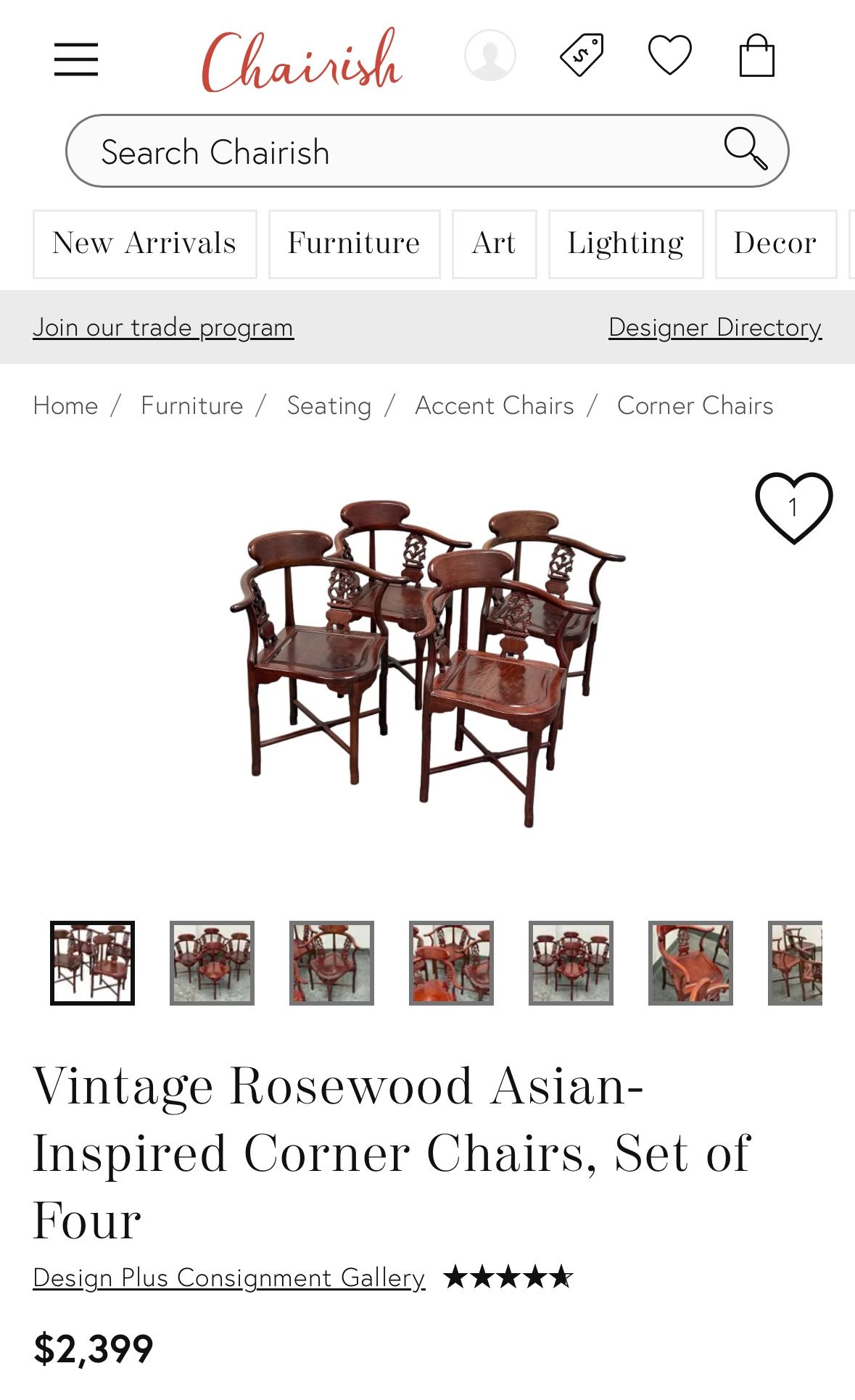 Set of Four Vintage Rosewood Asian-Inspired Corner Chairs