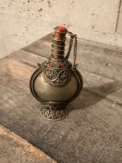 Tibetan Brass Snuff Bottle with Gemstone Inlay