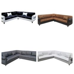 NEW  9X9FT SECTIONAL COUCHES . VELVET BLACK  CHOCOLATE COMBO  CHARCOAL FABRIC  AND  WHITE LEATHER  Sofas, Couch./ More Color Fabric Available. 