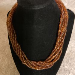Multiple Strand Amber Color Beaded Necklace 