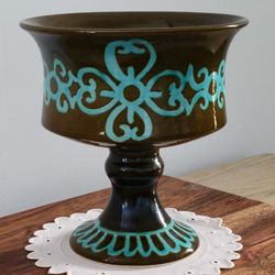 Large Hand Painted Ceramic Pedestal Compote Fruit Centerpiece Bowl 9" Tall