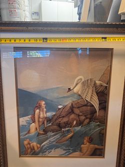 Framed Fantasy Art Print with Swan and Mermaids