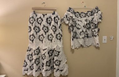 Handmade White & Black Appliqué Lace Two-Piece — Top + Skirt — Tailored Size ~12–14