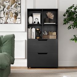 New Modern Costway 51” Tall Black Wooden 5-Shelf 4-Cube Bookcase Dresser with 2 Drawers