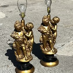 Large Vintage Hollywood Regency Gold Cherub Lamps - Pair - Working!