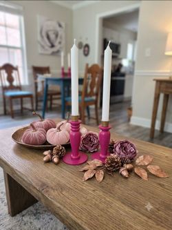 Set of 2 Wood Taper Candle Holder Candlesticks Pink Painted Gold Metal Cups 5in