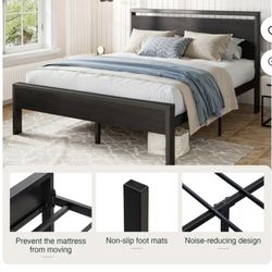 Full Size Bed Frame, Heavy Duty Metal Platform Bed with Wooden Headboard & Footboard, Black