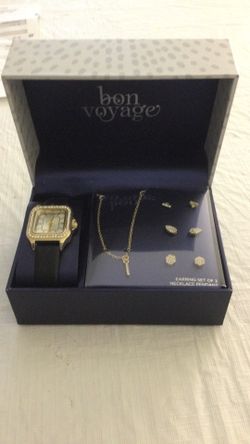 Bon Voyage Watch Necklace And Three Pairs Of Earrings