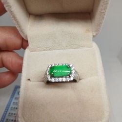 Certified Green Jade Sparkle CZ Imitation Diamond Cut Silver Pld Adjustable Size Ring Perfect Gift For Xmas