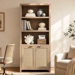 71" Tall Bookcase 5 Tier Rattan Bookshelf with doors