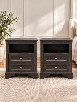 Nightstands set of 2 farmhouse side tables with drawers & open shelf for storage