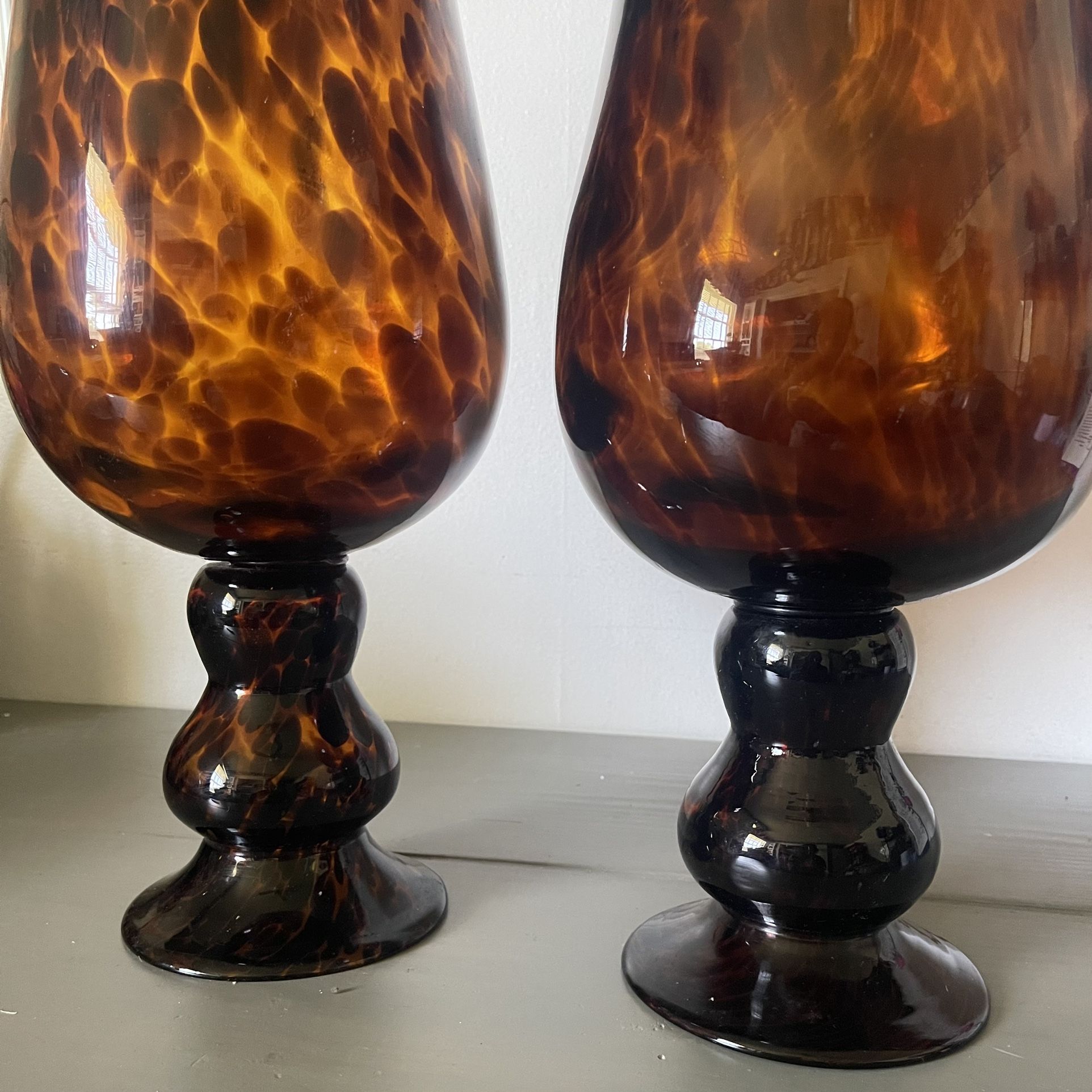 Set Of 2 Vintage Tortoise Hand Blown Glass Pedestal Vase 17” Tall