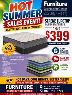 Limited time sale. Serene queen size mattress only $399. Easy finance option. Same-day delivery.