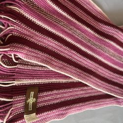 Cecchi e Cecchi Italy Wool Pink,  Burgundy, and White stripes Fringe  Scarf  78X 10 Inches 