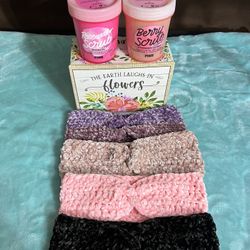 2 PINK Rose&Strawberry Body Scrub+4 Crochet Soft Velvet Headbands 