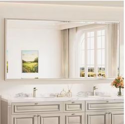KeonJinn 72 in. W x 36 in. H Framed Rectangular Brushed Nickel Mirrors for Bathroom Wall Beveled Mirror Bathroom Vanity Mirror