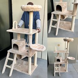 New In Box 58 Inches Tall Adult Cat Tree Kitten Scratching Play Post House Scratcher Pet Beige Color Plush Bed Furniture 