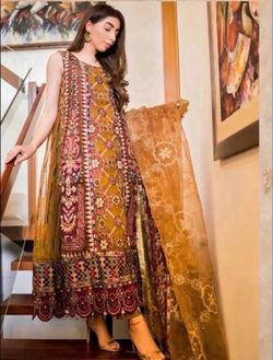 Pakistani Embroidered 3-Piece Suit – Mustard & Maroon Formal Dress