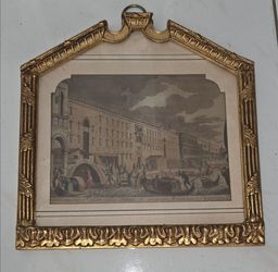Vintage gilded wood house-top framed print, Venice Veduta engraving.
Frame size: 13.5” x 13.5”.
Scene: Veduta della Fonte e Granai Pubblici (Venice ca