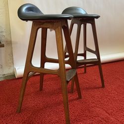 Pair of Vintage Mid-Century Modern Wooden Bar Stools – One to Restore