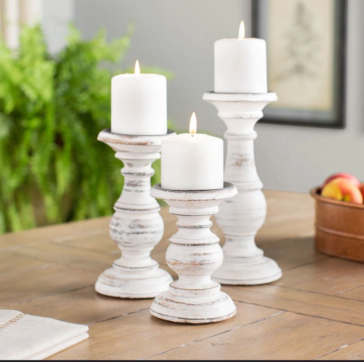 Set of 3 mango wood rustic white candle holders 1