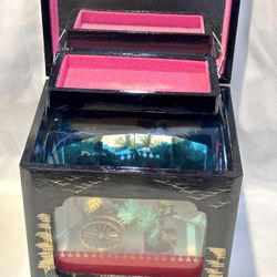 Vintage Rare Japanese Music Jewelry Box Japan Black LacquerWood TESTED Beautiful