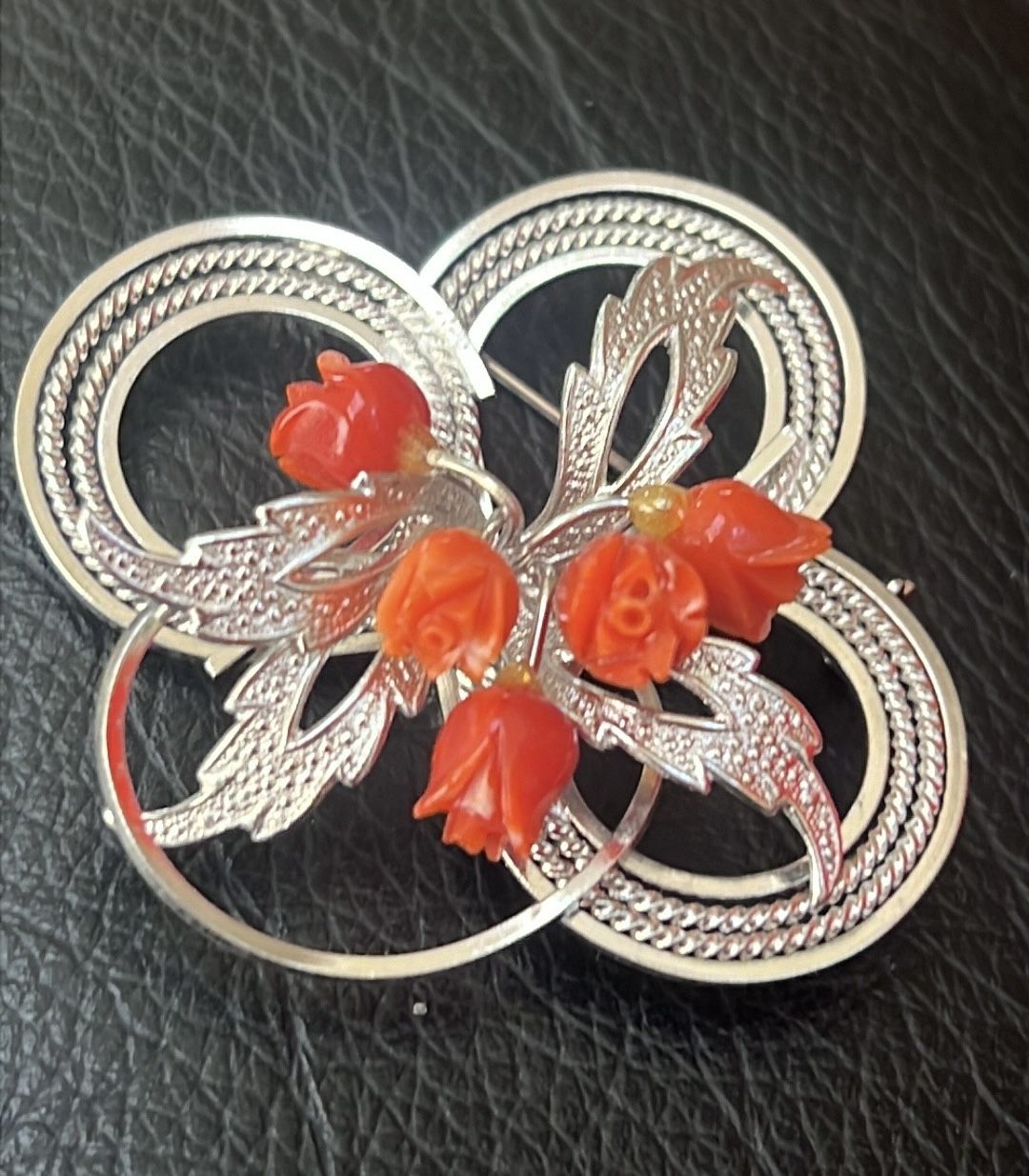 Vintage new Silver and Red coral Floral Brooch pin