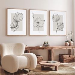 New 3Pcs Neutral Botanical Canvas Wall Art Beige Simple floral Painting Pictures Wall Decor Vintage Line flower Poster Print Artwork for Living Room B