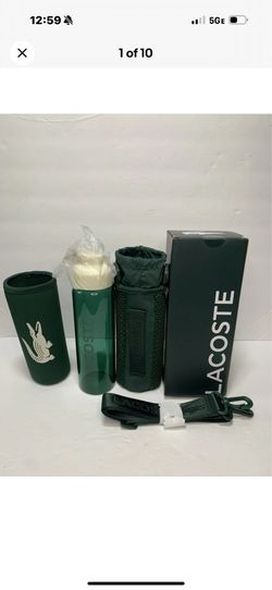 Lacoste Glass Water Bottle Tumbler with Holder & Strap New