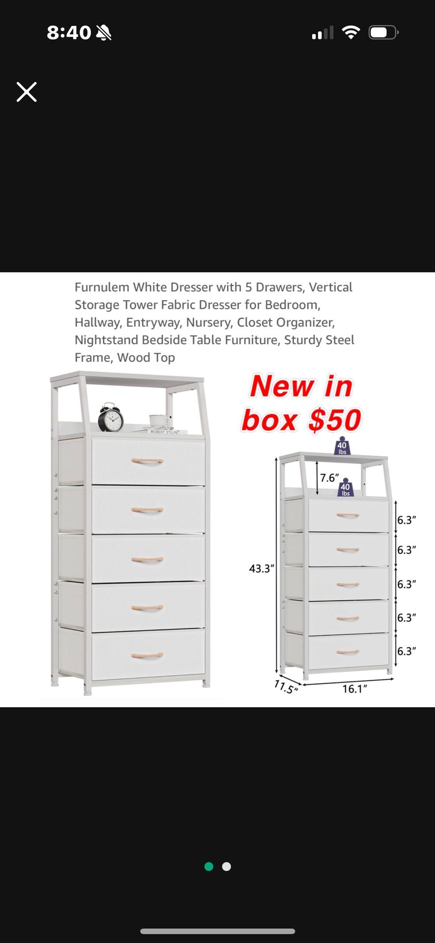 New White Dresser with 5 Drawers, Vertical Storage Tower Fabric Dresser for Bedroom, Hallway, Entryway, Nursery, Closet Organizer, Nightstand$50
