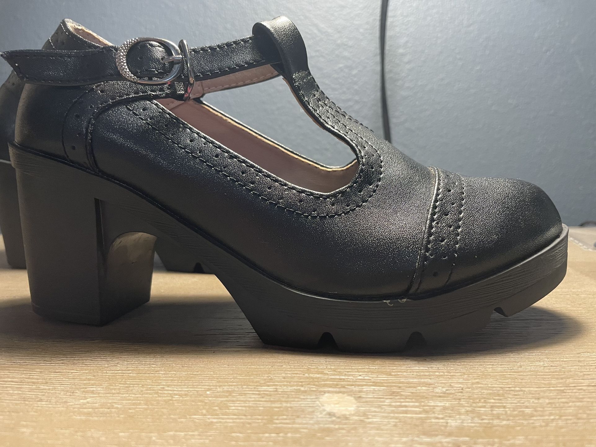 Women's T-Starp Mary Jane Platform Pumps Buckle Block Heel Black Size 6.5