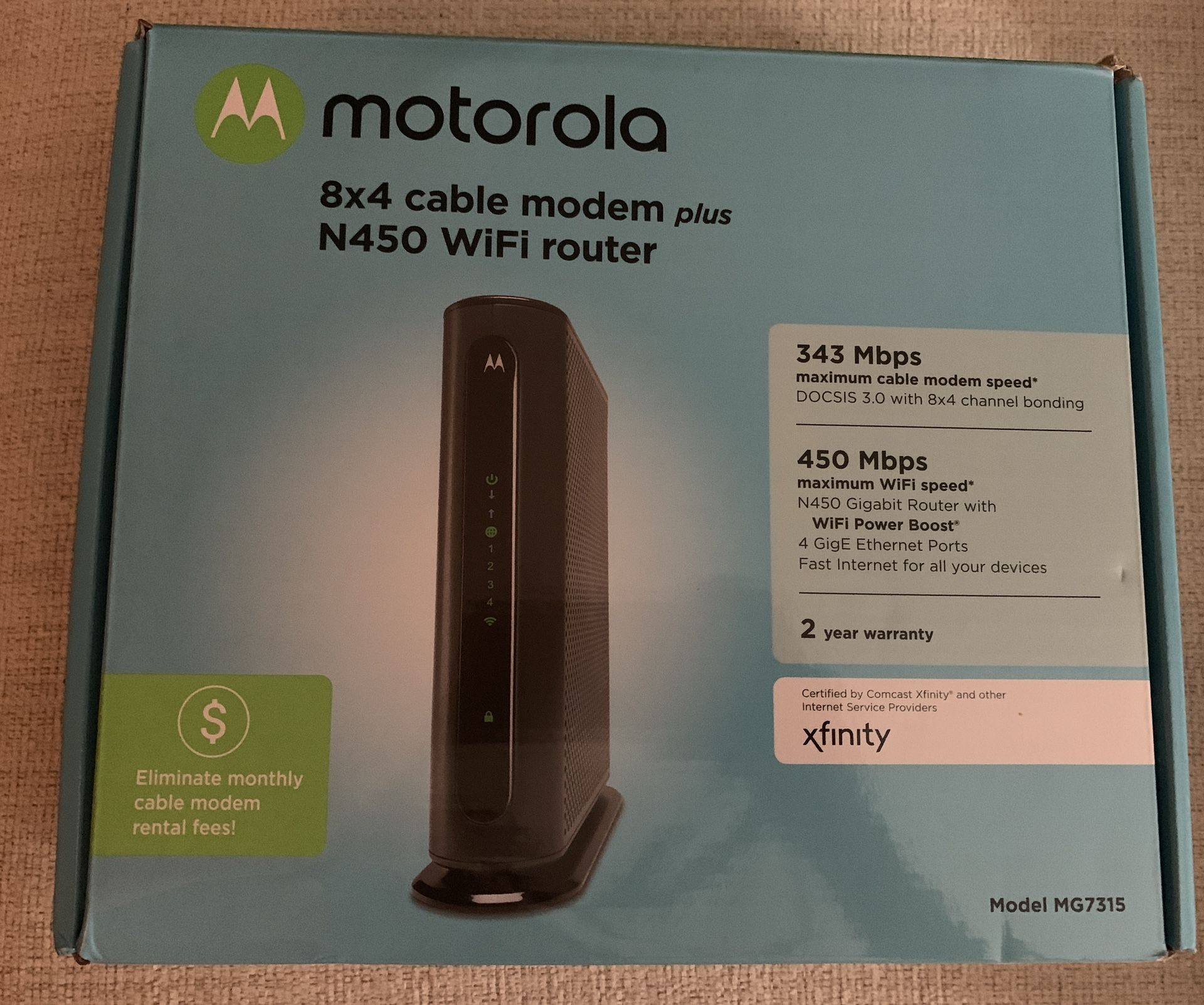 Motorola 8 x 4 Cable modem Plus N450 WIFI Router