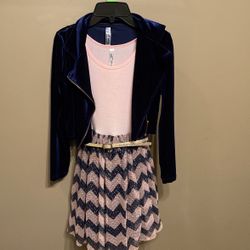 Navy Blue & Peace Dress /Velour Jacket.  Size 10